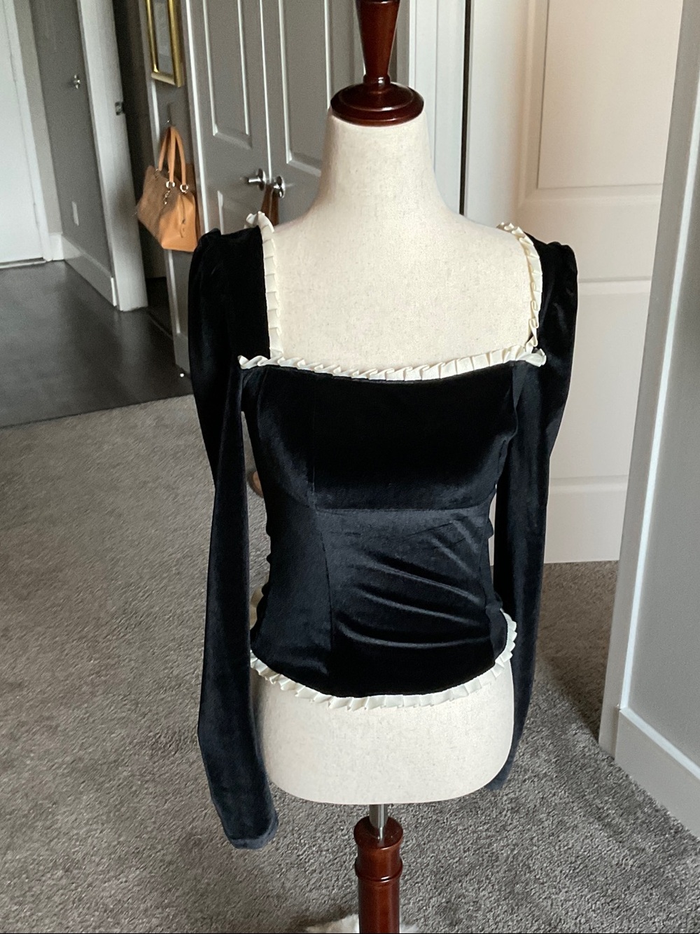 Black Velvet Square-Neck Long-Sleeve Top with Cream Trim